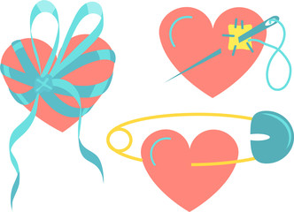 Stickers  patch on heart; heart tied with ribbons; heart on a pin  for the holiday Valentine's Day.