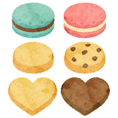 マカロンとクッキーの水彩風イラストセット