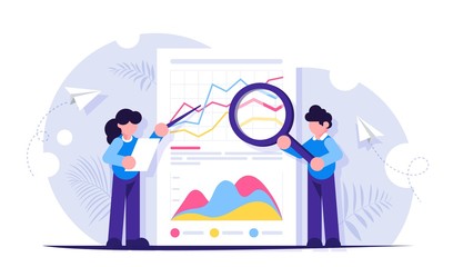 Employees work with paper documents. The concept of data analysis. Business consultants. Improving efficiency. Modern flat illustration for background.