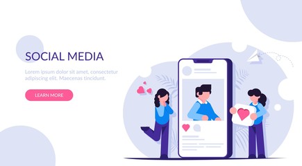 Social network. Dating sites. Girls consider the profile of a cute guy. Interest in communication. The desire to put like button. Flat modern illustration for background.