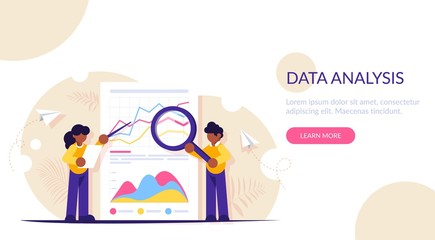 Employees work with paper documents. The concept of data analysis. Business consultants. Improving efficiency. Modern flat illustration for background.