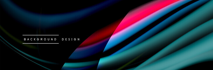 Сolorful flow poster. Wave liquid lines and shapes in black color background. Vector Illustration