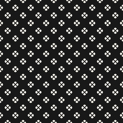 Vector floral minimalist seamless pattern. Black and white abstract geometric background with tiny simple flowers, petals, leaves. Minimal ornament texture. Dark repeated design for decor, wallpapers