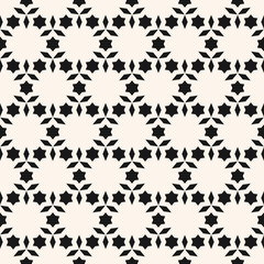 Vector minimalist seamless pattern. Simple black and white texture with small stars, floral shapes, petals, grid, net. Abstract minimal monochrome background. Repeat design for decoration, covers