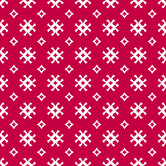 Vector seamless pattern. Traditional Scandinavian motif. Elegant Christmas background. Red and white geometric texture with flowers, crosses, rhombuses. Winter holiday ornament. Simple repeat design 