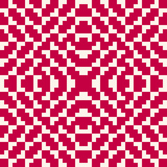 Fototapeta premium Vector seamless pattern. Traditional geometric folklore ornament. Tribal ethnic motif. Ornamental texture of embroidery, knitting. Stylish white and red background with squares, crosses. Repeat design