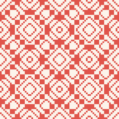 Vector geometric traditional folk ornament. Ethnic tribal seamless pattern. Ornamental background with small squares, crosses, rhombuses. Repeat texture of embroidery, knitting. Red and white colors