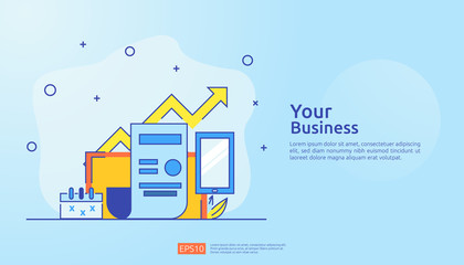 accounting document data report concept for business statistics, investment analysis, planning research and finance audit with paper sheet chart, laptop, magnifier, paperwork, charts, graphs element