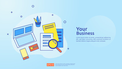 accounting document data report concept for business statistics, investment analysis, planning research and finance audit with paper sheet chart, laptop, magnifier, paperwork, charts, graphs element