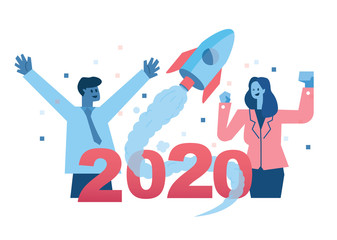 Couple of business people celebrating a rocket launching in 2020 text. Startup and successful concept. flat design elements. vector illustration