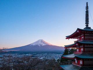 Beautiful landscape with Mt. Fuji and Chureito Pagoda, Fujiyoshida, Japan.