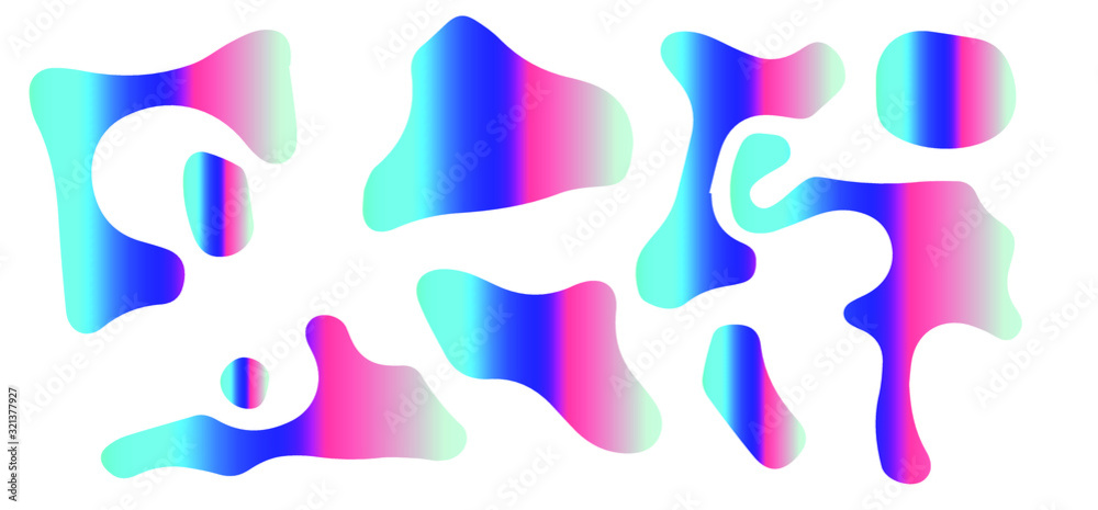 Poster abstract colorful blobs set in gradient blue, cyan, pink, green colors. hatched shapes and dots, flo