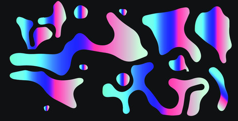 Abstract colorful blobs set in gradient blue, cyan, pink, green colors. Hatched shapes and dots, flowing liquid, dynamical forms. Vector vaporwave style illustration.