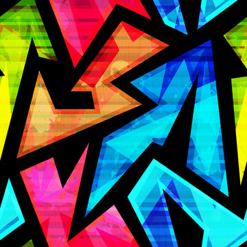 neon geometric seamless pattern with grunge effect