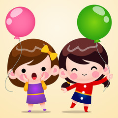 Cartoon Two Cute Little Girl Holding Balloon Vector