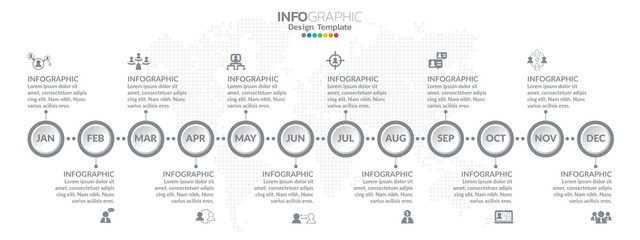 Timeline infographics design for 1 year, 12 months, can be used for Business concept with 12 options, steps or processes.