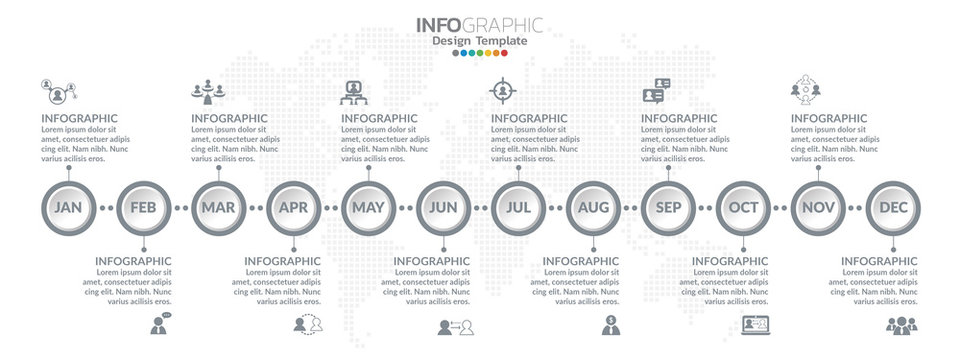 Timeline infographics design for 1 year, 12 months, can be used for Business concept with 12 options, steps or processes.