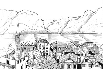 The Sketch drawing of a famous Hallstatt (Austria) old town village Bird eye view from the top, the lake and mountains