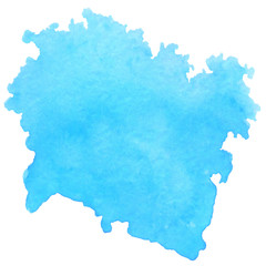 Blue water-colour blot in hand drawn style on white background. Abstract frame background. Vector brush stroke.
