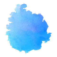 Blue water-colour blot in hand drawn style on white background. Abstract frame background. Vector brush stroke.