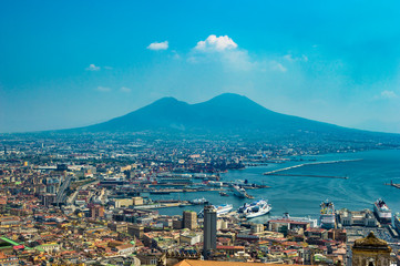 Naples, Italy - CIRCA 2013: Aerial/bird eye view of the city of Naples, Italy. The Bay of Naples and Mount Vesuvius are visible. Taken at a sunny summer day.
