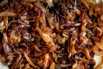 Homemade pizza with goat cheese, caramelized onion and balsamic vinegar. Selective focus. Shallow depth of field.