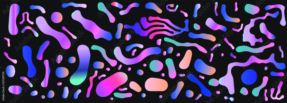 Poster abstract colorful blobs set in gradient blue, cyan, pink, green colors. hatched shapes and dots, flo