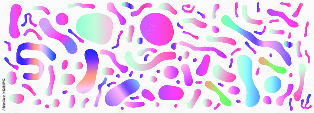 Poster abstract colorful blobs set in gradient blue, cyan, pink, green colors. hatched shapes and dots, flo