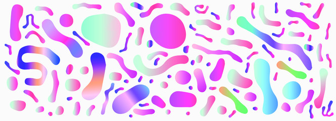 Abstract colorful blobs set in gradient blue, cyan, pink, green colors. Hatched shapes and dots, flowing liquid, dynamical forms. Vector vaporwave style illustration.