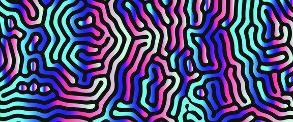 Holographic fluid, drops and blobs on dark background. Psychedelic spiritual background, concept illustration of hallucination or visual illusion.