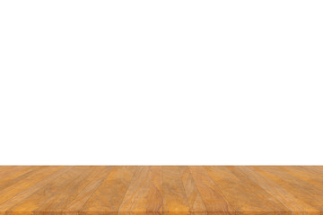 Wood table top isolated on white background. Used for product placement or montage.	