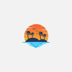 sunset logo design. logo palm, birds moon, beach - vector