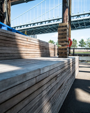 Giant wooden game on the Cherry Street Pier in Philadelphia, PA. Wood bench design.