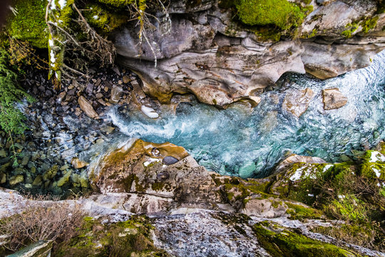 Overlooking Johnston Creek from the walking bridges along the Canyon in Banff National Park, Alberta, CA. 