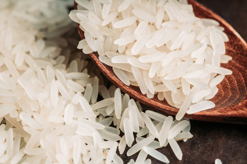 Raw rice on the kitchen table. Selective focus. shallow depth of field.