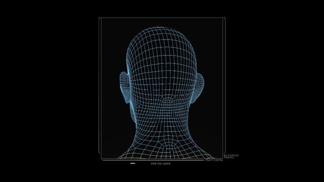 Holographic animation of human head spinning in black sandbox. on a black background.