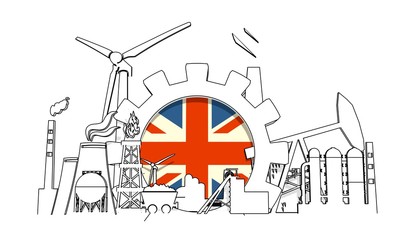 Energy and power industrial concept. Gear with flag of the United Kingdom. Energy generation and heavy industry. 3D rendering. Thin line style