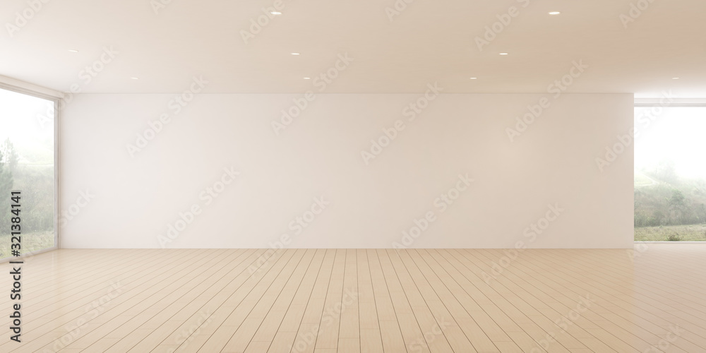Poster mock-up of white empty room and wood laminate floor with sun light cast the shadow on the wall,persp