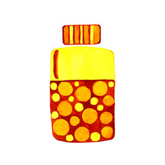 Figure cartoon jars with vitamins. Hand watercolor illustration isolated on white background close-up. The concept of medicine and health.