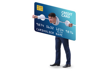 Businessman in credit card burden concept in pillory