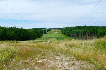 Hydroelectric power lines in a clearing in rural northern Ontario, Canada