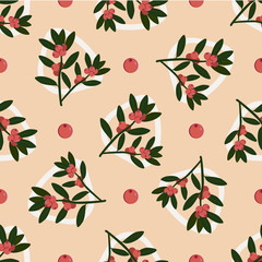 Seamless vector pattern with twigs and berries of a cowberry on a pink background. Can be used for printing, textiles, Wallpaper, and your design