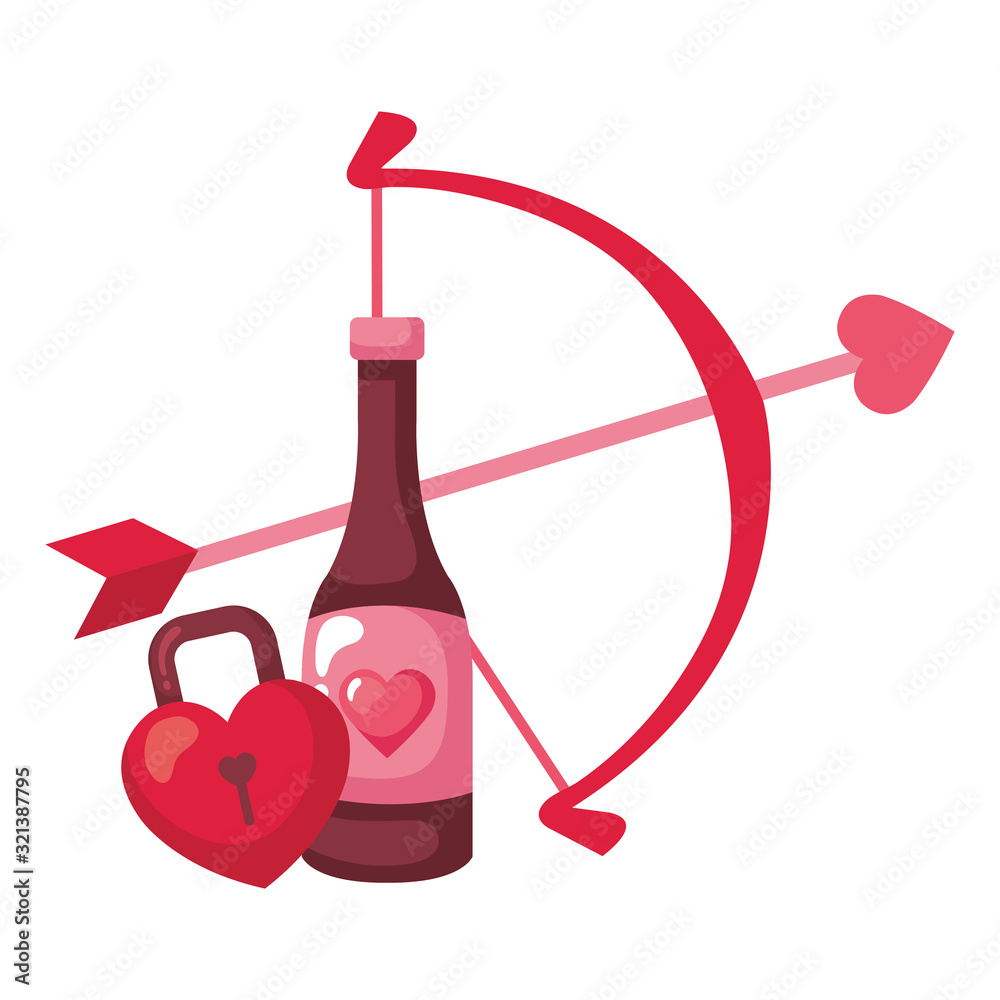 Poster arch cupid with bottle wine and padlock