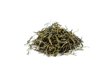 Pile of dry green tea leaves on a white background close-up.