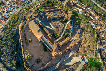 Aerial view of medieval Onda castle near the capital of tile factories in Castillon Spain with an curtain wall strengthened by semi circular towers
