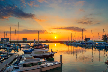 Fototapeta premium Boats and marina with beautiful sunset