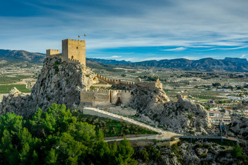 Aerial view of medieval restored Sax castle with two rectangular towers and two semi circular...