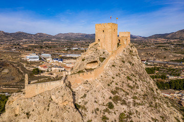 Aerial view of medieval restored Sax castle with two rectangular towers and two semi circular...