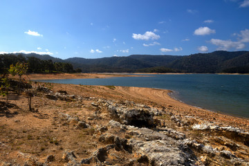 Low water during drought at Lake Tinaroo on the Atherton Tablelands in Queensland, Australia