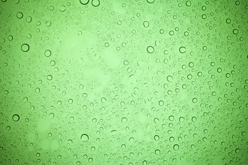 Rain droplets on green glass background, Water drops on green glass.